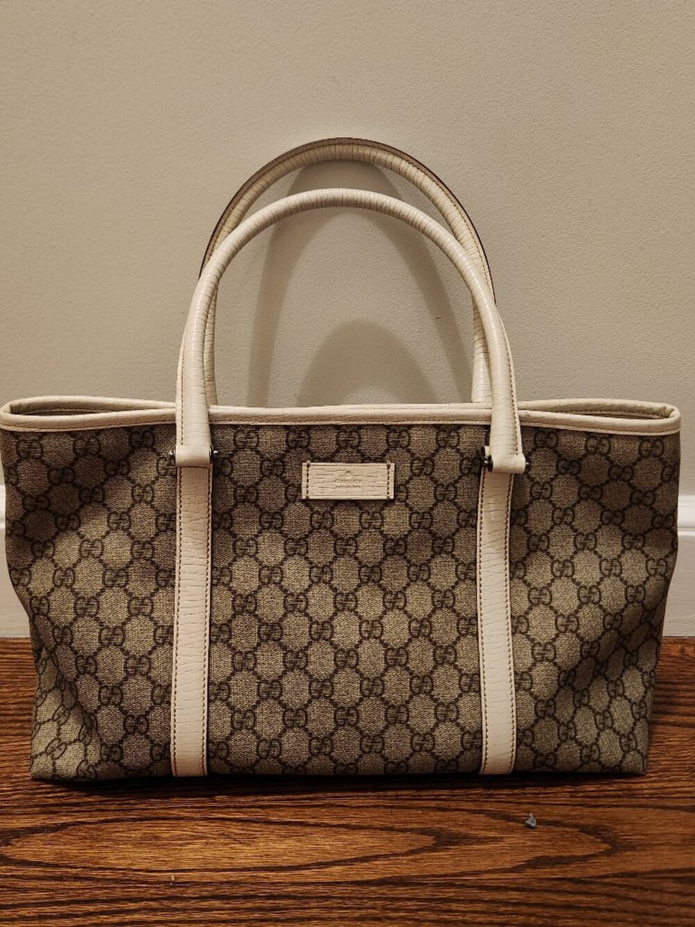 Gucci GG Canvas Tote Bag Beige/Ebony Monogram with Cream Leather Trim